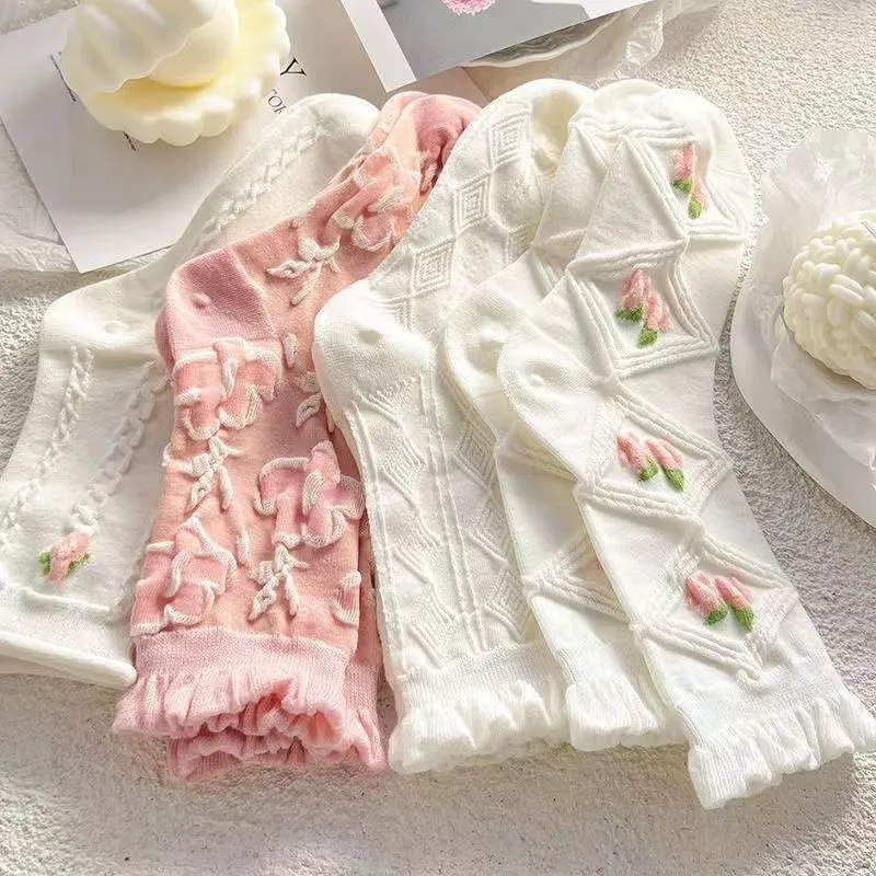 5 Pairs Pink Flower Socks for Women