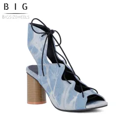 Bigsizeheels Peep Toe Platform Chunky Heel Buckle Pumps - Denim Blue