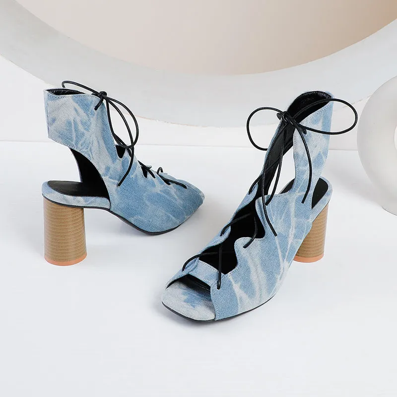 Bigsizeheels Peep Toe Platform Chunky Heel Buckle Pumps - Denim Blue