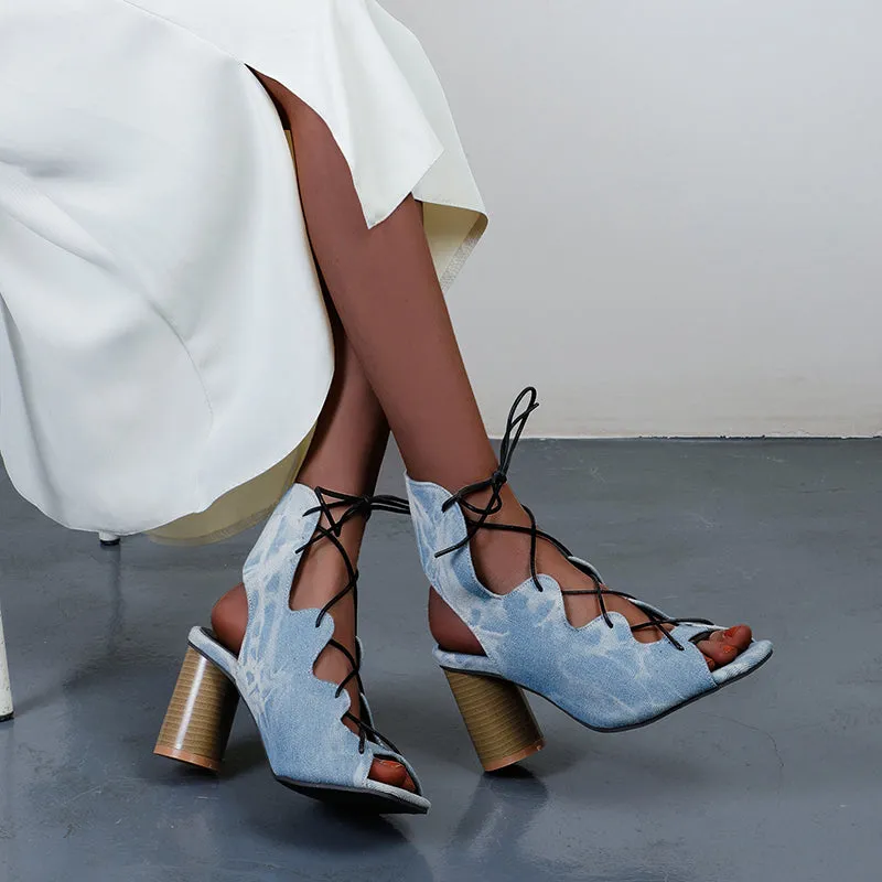 Bigsizeheels Peep Toe Platform Chunky Heel Buckle Pumps - Denim Blue