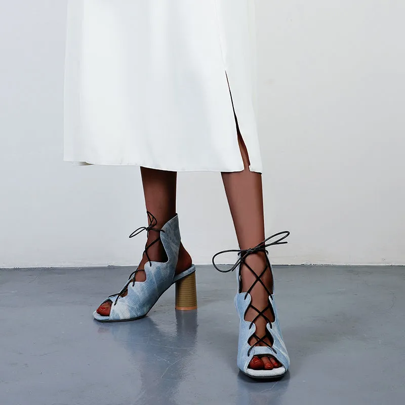 Bigsizeheels Peep Toe Platform Chunky Heel Buckle Pumps - Denim Blue