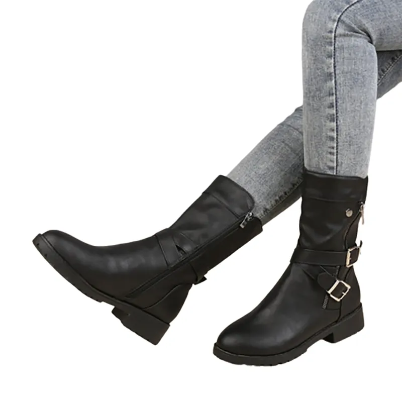 Funki Buys | Boots | Women's Buckle Strap Low Heel Biker Boot