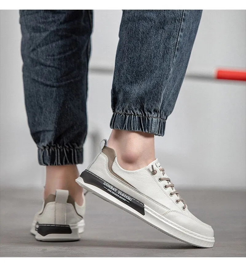 Hnzxzm 100% Genuine Leather Mens Casual Shoes Cool Young Man Street Style Cow Leather Brand Male Footwear Black White Shoes A4445
