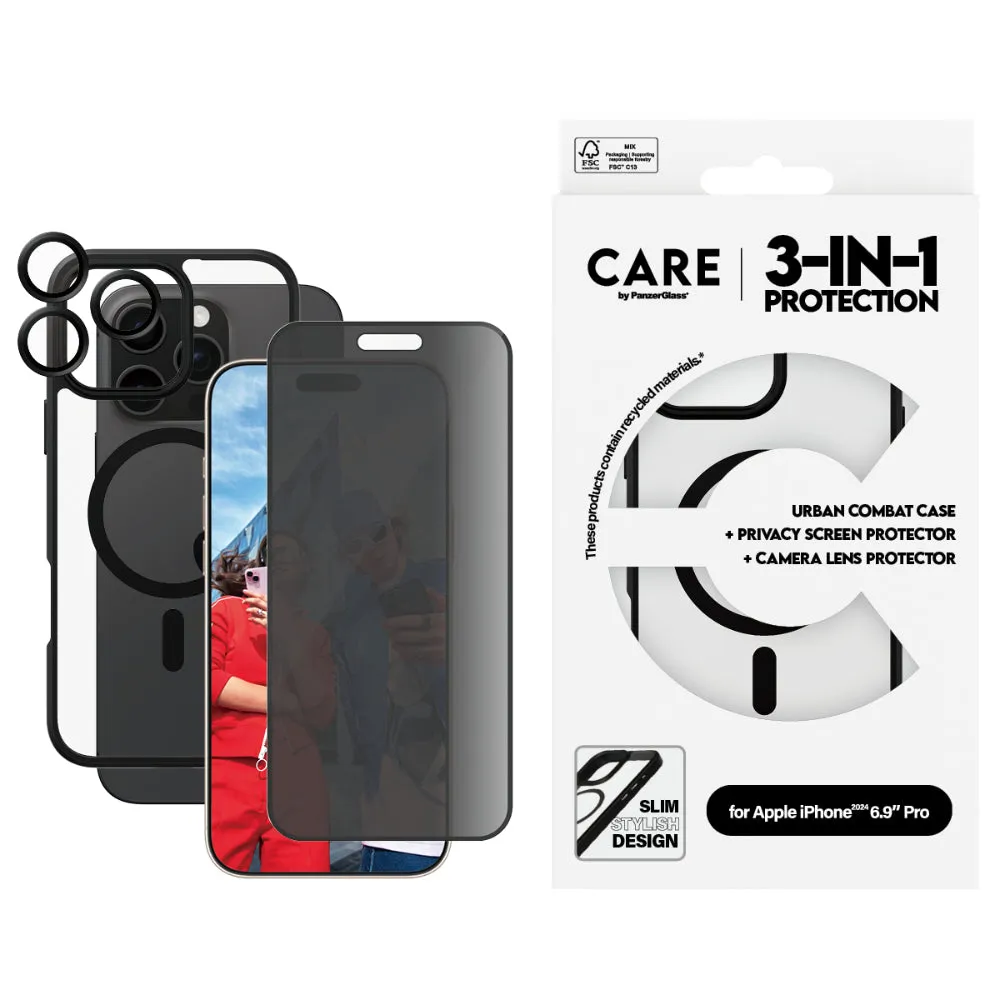 PANZERGLASS Care Iphone 16 Pro Max 3 In 1 Bundle Uwf Privacy Black Hoops Care Ms Case