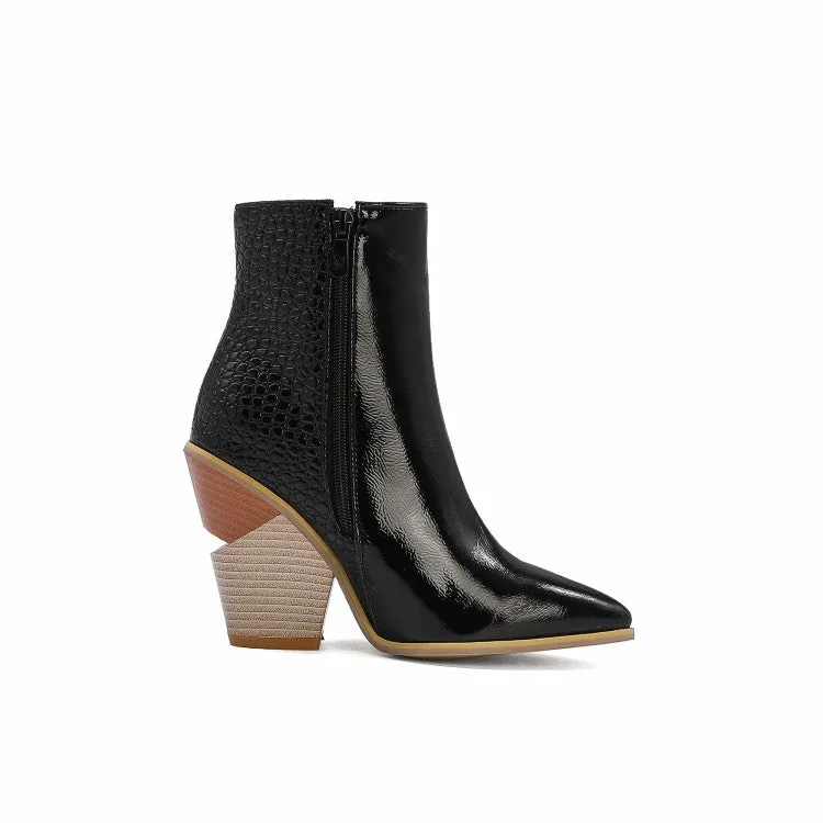 Women's Snake Crocodile Pattern Patchwork Buttons Block Heel Short Boots