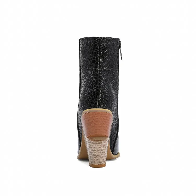 Women's Snake Crocodile Pattern Patchwork Buttons Block Heel Short Boots